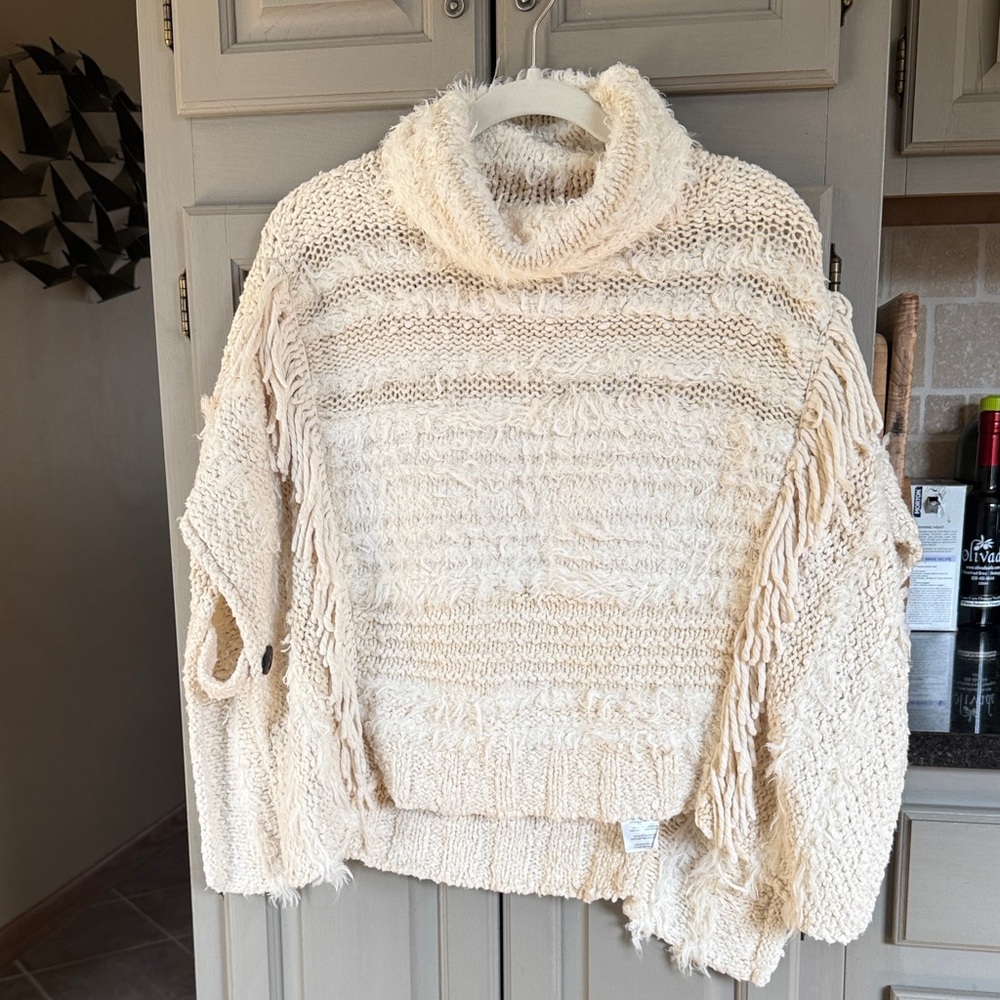 Anthropologie Cream Fringe Turtleneck Sweater